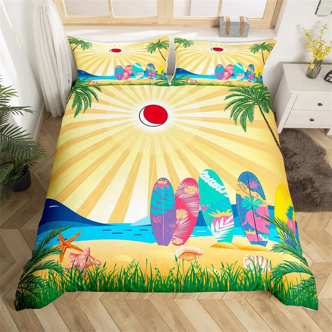 Seaside Surfboard Duvet Cover Summer Beach Ocean Sunshine Starfish Print Bedding Set Hawaiian Holiday Style Surfing Quilt Cover