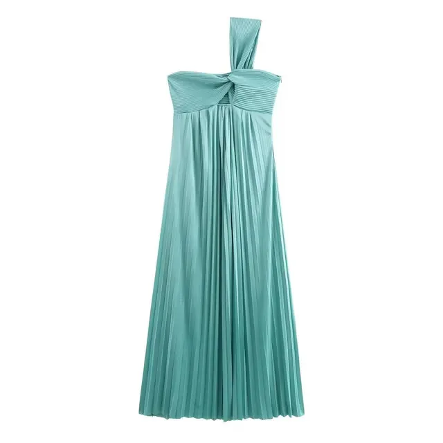 New Summer Fashion Women Dresses Sleeveless Asymmetric Pleated Diagonal Shoulder Hollow Out Side Zipper Decorative Long Dress