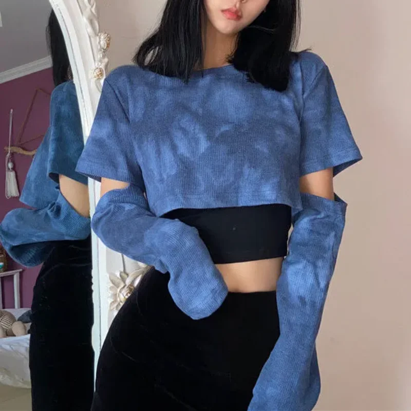 

Women's Blue Tie Dye Cutout Layered Long Sleeve Cropped Blouse Casual Fashion Top