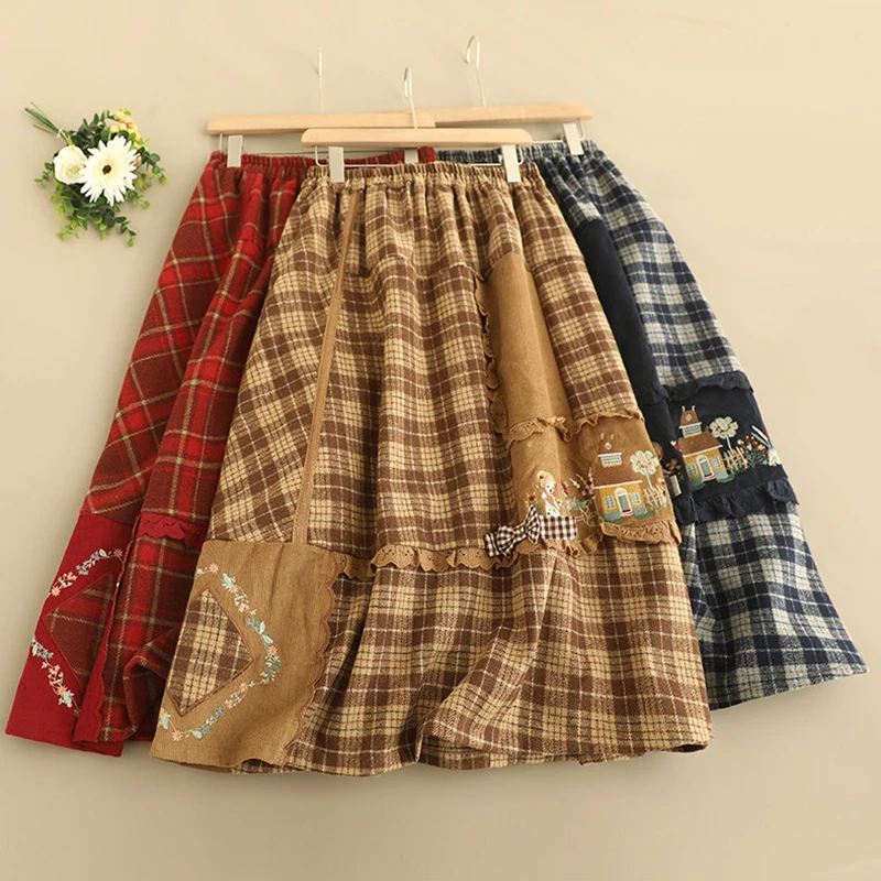 New Spring Autumn Mori Girl Sweet Skirt Women Clothing Natural Waist Embroidered Flower Bow Female Kawaii Mid-length Skirts U108