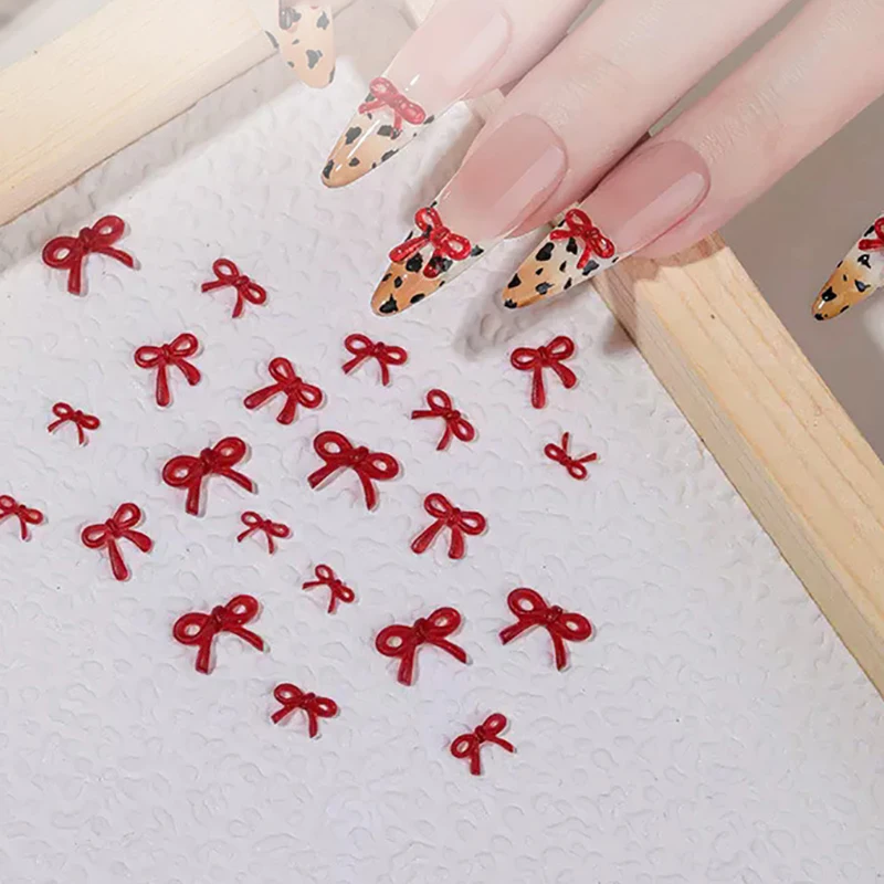 50Pcs Wine Red Resin Bow Nail Charm Bulk Mix Size 3D Ribbon Bowkont Mini Kawaii Nail Art Accessories DIY Cute Nails Decorations