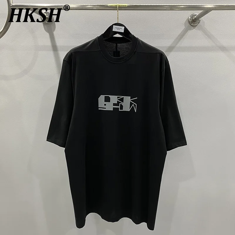 HKSH Summer New Men's Tide Streetwear Thin Dark Loose Collarless T-shirt Letter Print Cotton Casual Solid Color Chic Tees HK2012