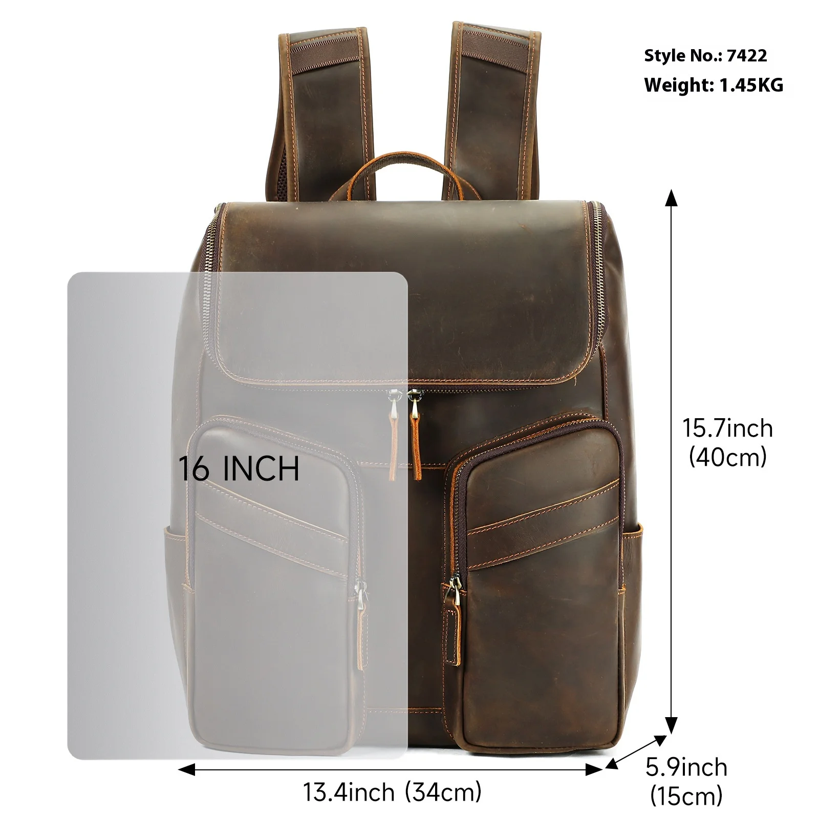Crazy Horse Leather Backpack Genuine Leather Men's 16 Inch Laptop Backpack Large Capacity Premium Casual Backpack
