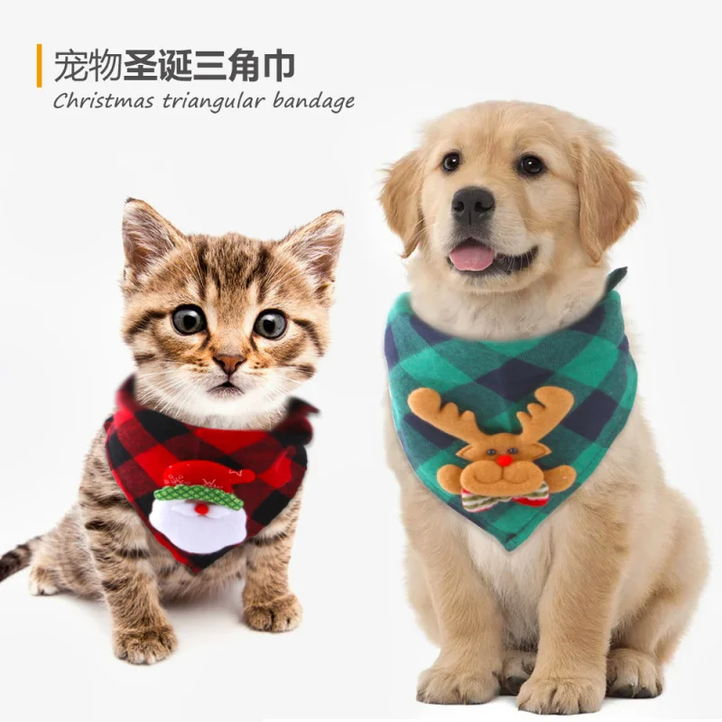 2024New Saliva Towel Red and Green Plaids Dog in-Ground Fence Receiver Collar Triangular Binder Pet Decorations