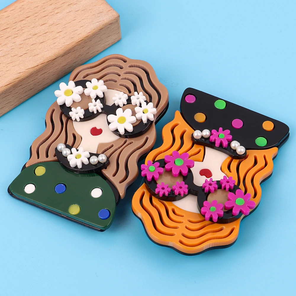 New Flower Glasses Lday Acrylic Brooches for Women Cute Long Hair Female Brooch Badge Pins Casual Jewelry Cutsome Accessories