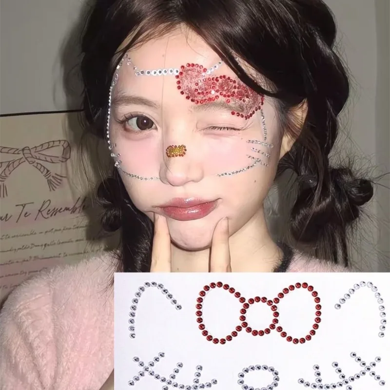 Słodkie Anime Kawaii Ins moda Hello Kitty naklejki na twarz śliczne ręcznie robione Diy makijaż świąteczny akryl Flash diamentowe naklejki prezenty