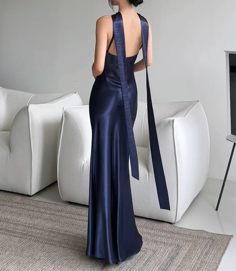 Vestido azul oscuro con tirantes para mujer, Espalda descubierta, sin mangas, elegante, Maxi, ceñido al cuerpo, diseño de pasarela, ropa larga elegante para mujer