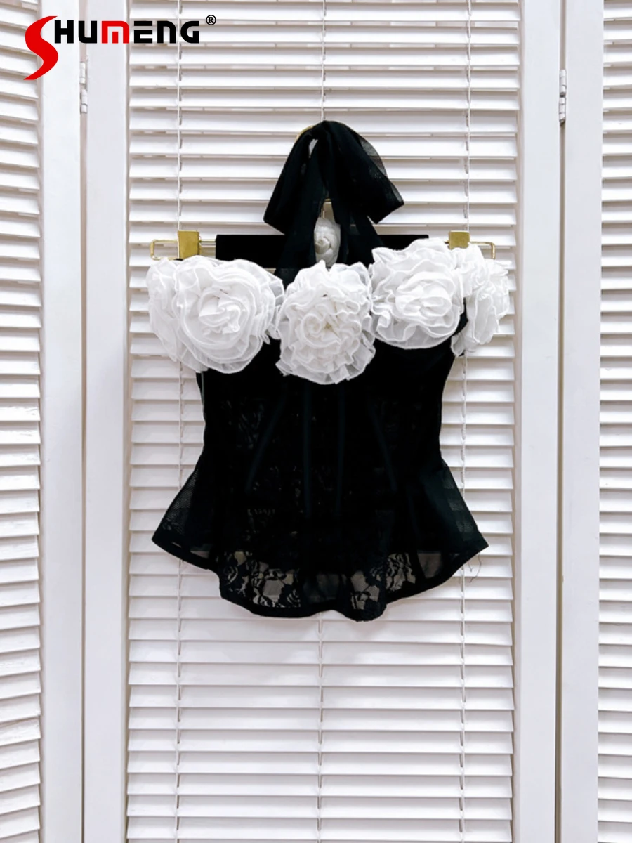 

2024 Summer New Black White Contrast Color Three-Dimensional Big Flower Decoration Fishbone Mesh Gauze Chic Slimming Tube Tops