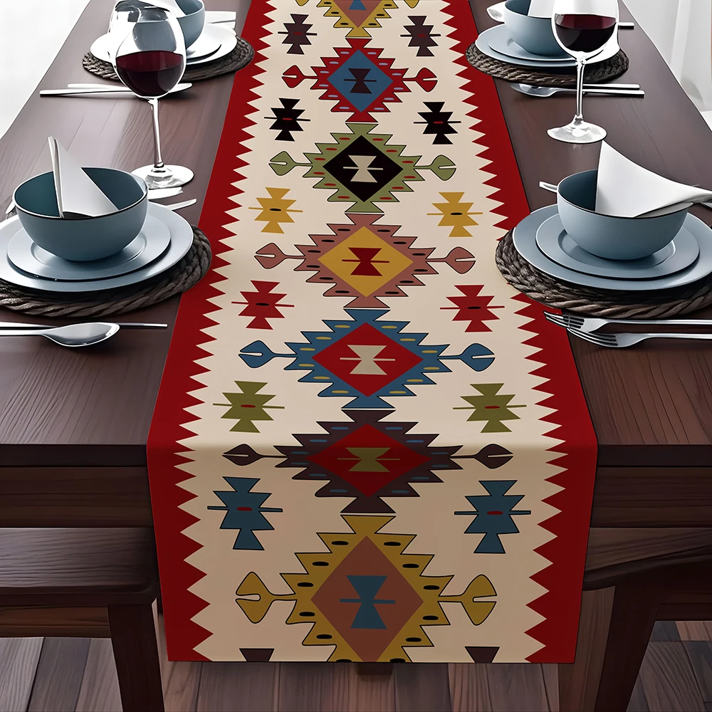 1pc Bohemian Table Runner - Bright Geometric Pattern Polyester Square Tablecloth for Kitchen Dining Decoration, Holiday Party Su