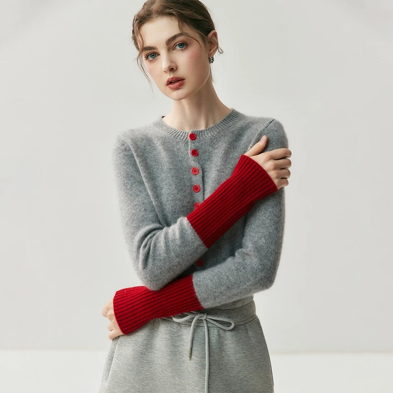 Women O-neck Cardigan 100% Cashmere Sweater Autumn Winter Basic Color Block Shirt Top Long Sleeve Goat Cashmere Cardigan Coat
