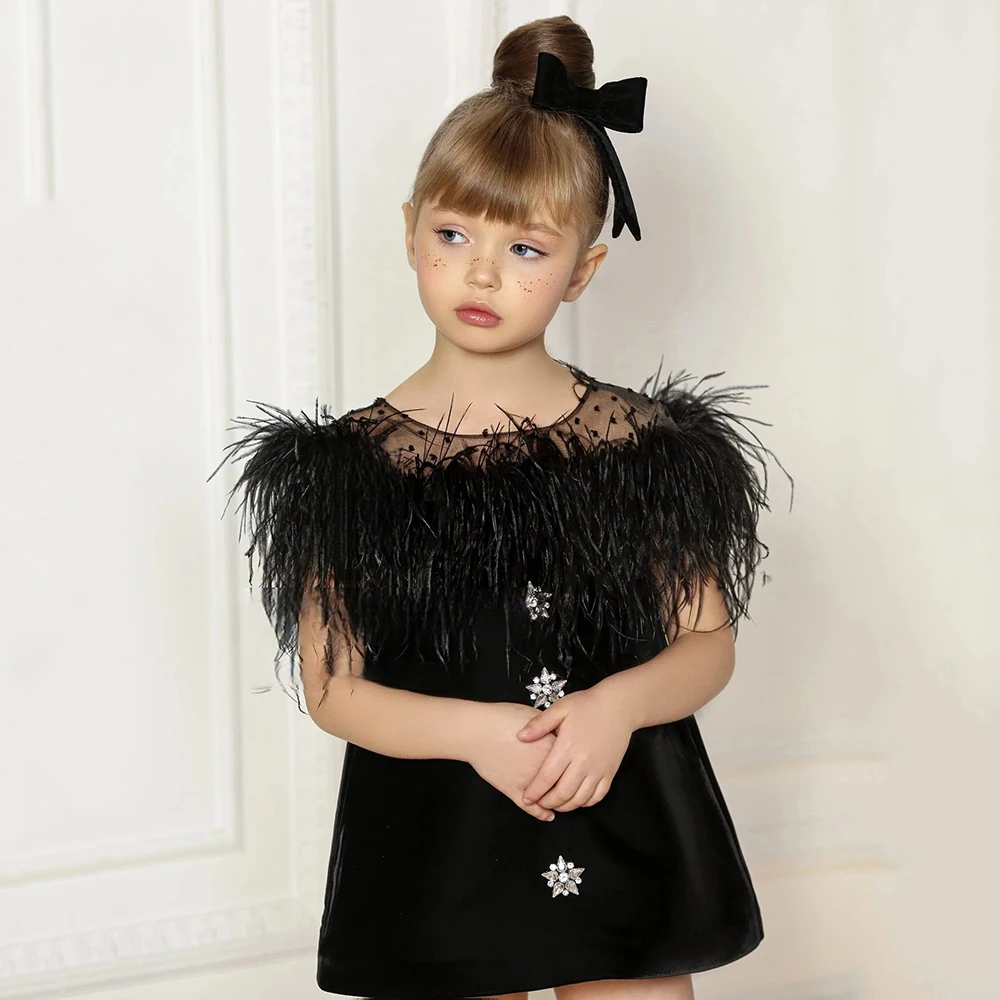 2024 Black Girl's Prom Dresses A-line Mini Feathers Prom Gown for Kids Birthday Party Dress Short Pageant Outfit