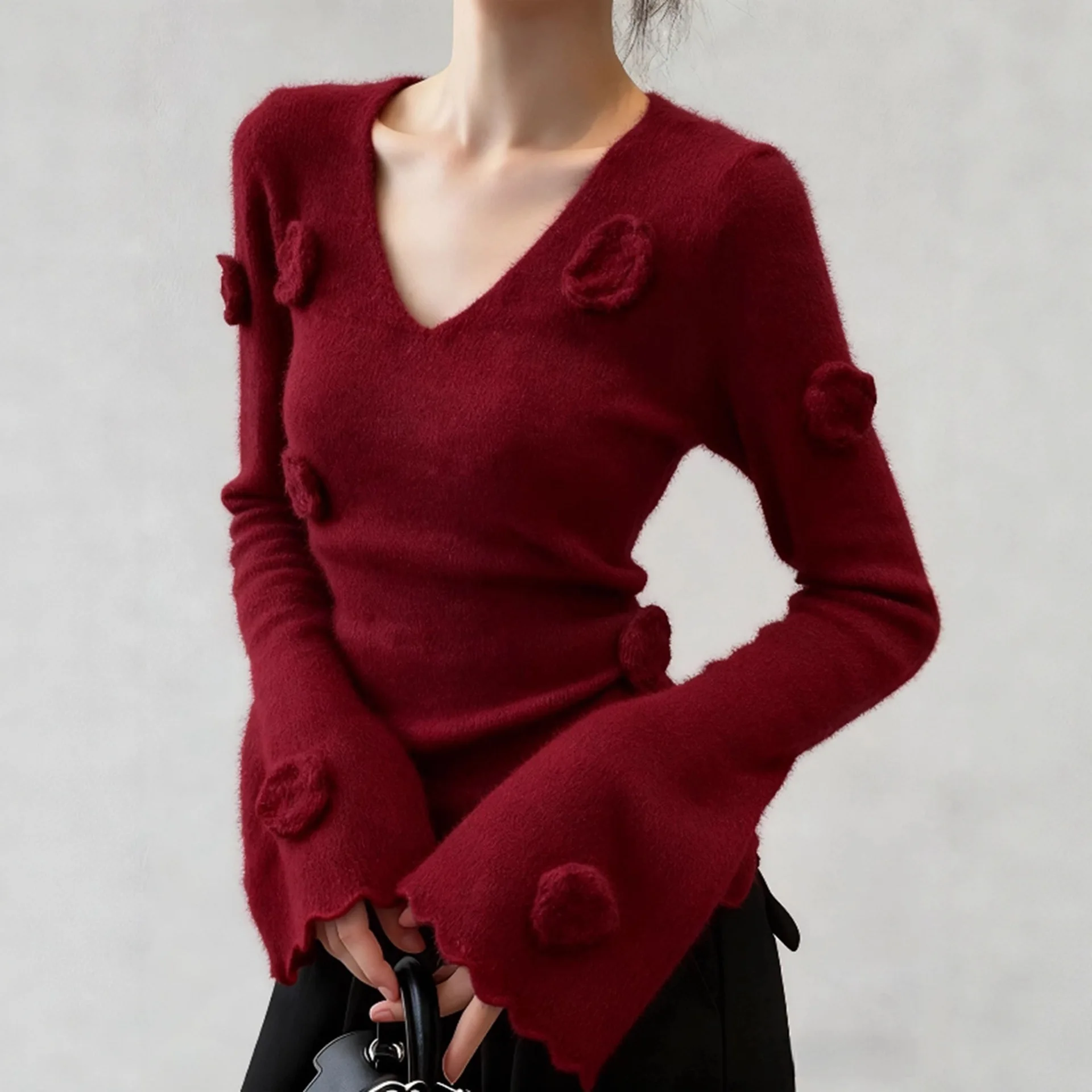 

Red V-neck Slim-fit Three-dimensional Flower Design Waist Sweater Autumn and Winter Women's 2025 New Knitted Top