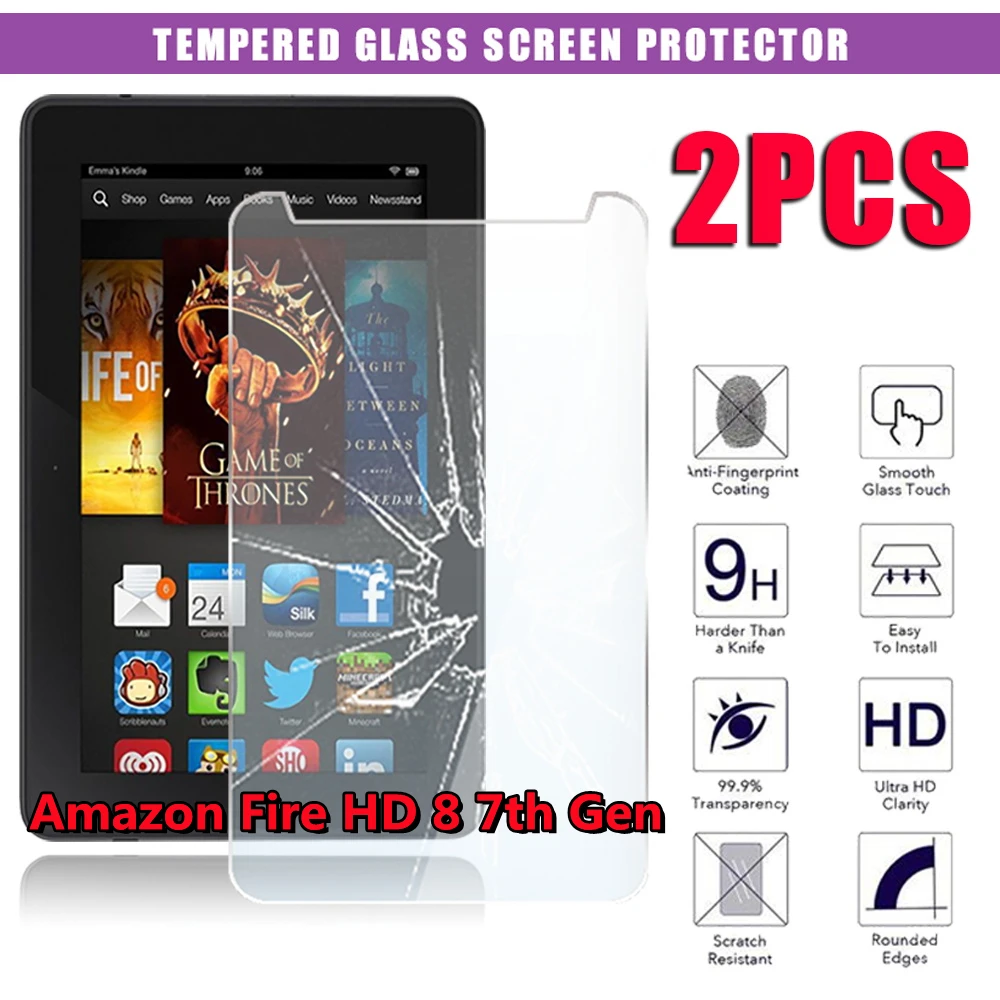 2Pcs Tablet Tempered Glass Screen Protector Cover for Amazon Fire HD 8 2017 Alexa 7th Gen Full Coverage Screen for Fire HD 8 7th