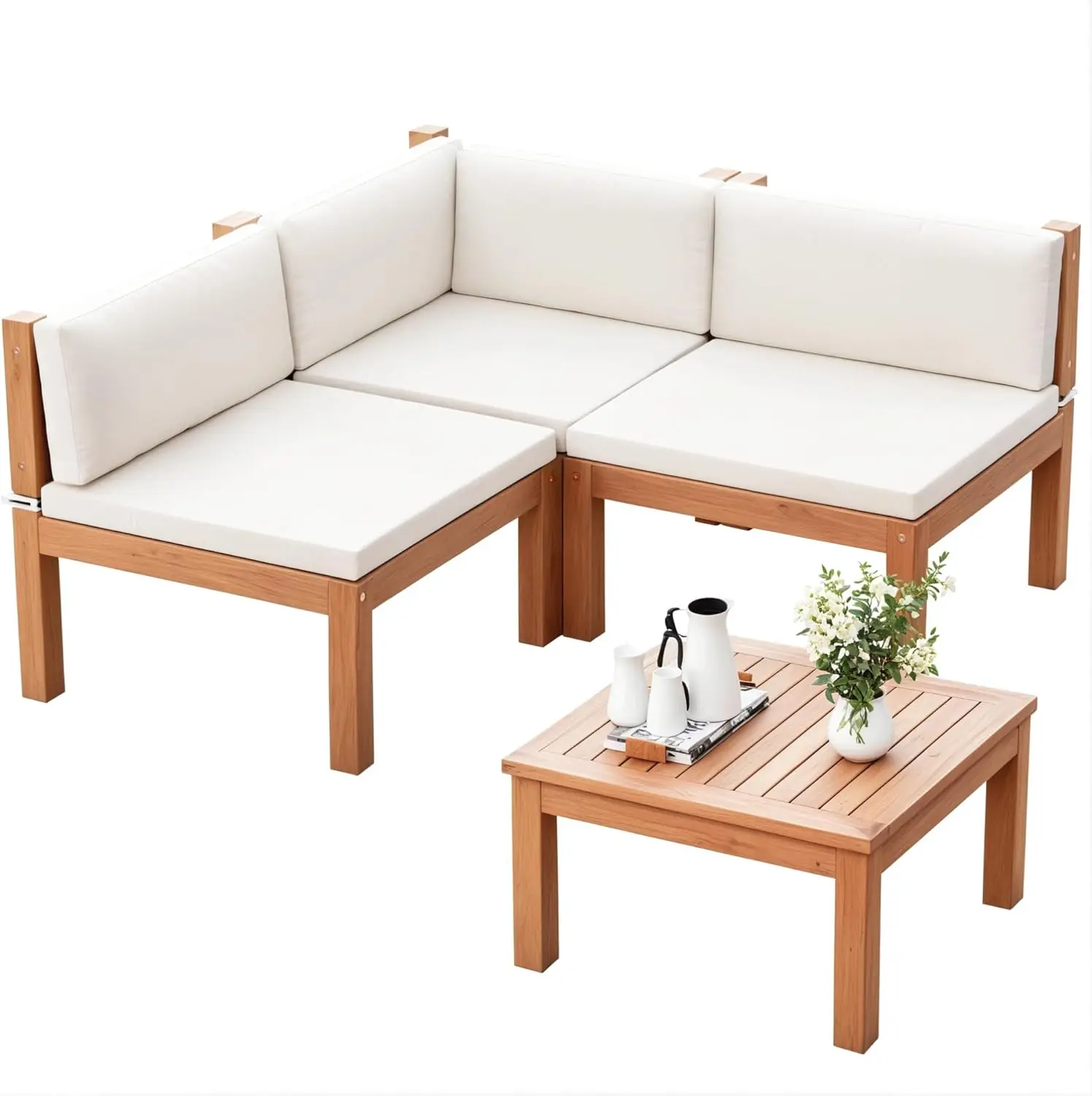 

4 Pieces Outdoor Sectional Couch Patio Sectional Sofa with Acacia Wood Coffee Table, Outdoor L-Shaped Couch