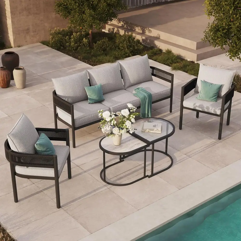 

5-Piece Wicker Sofa Set with 3-Seat Couch, Cushions, and Coffee Table for Outdoor Spaces (Beige)