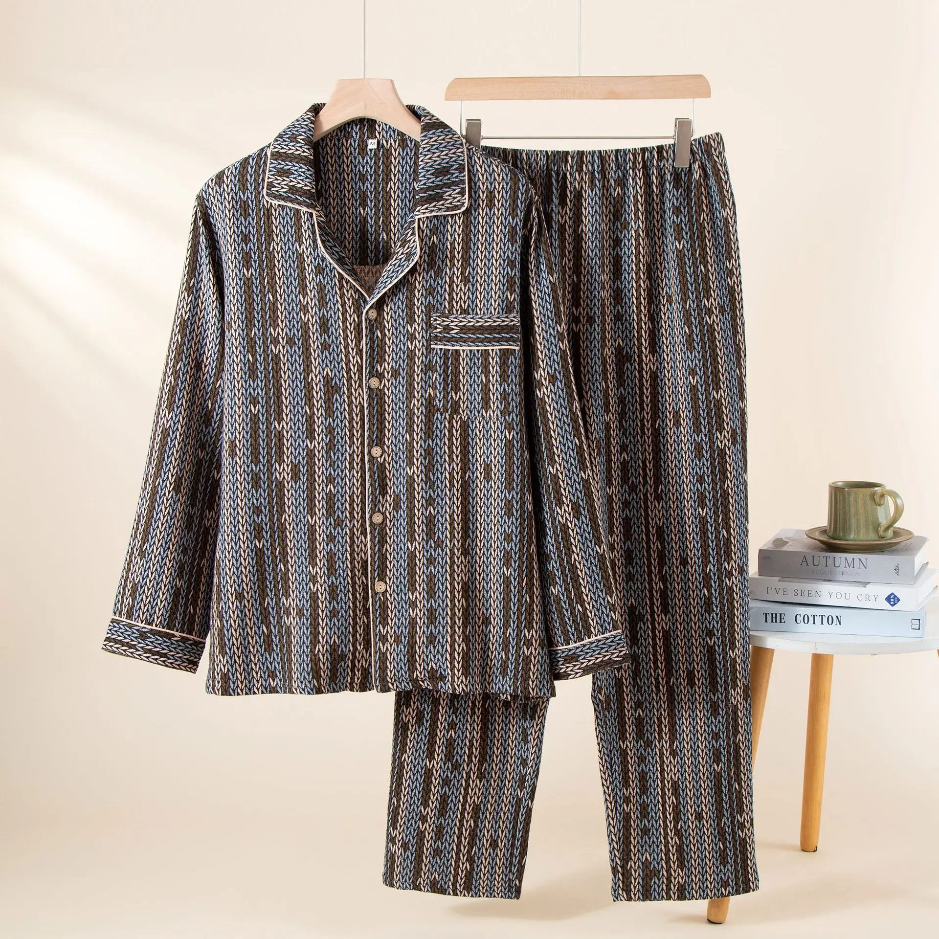 Cotton Home Clothes Men's Spring and Autumn Double-layer Gauze Ethnic Style Loungewear Luxury Design Pajamas for Men