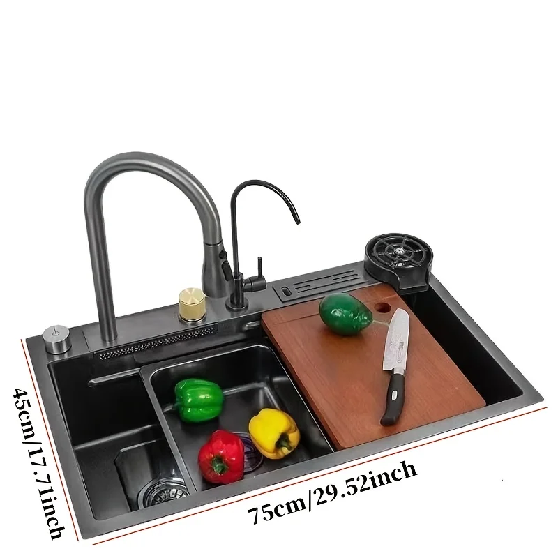 Modern Double Bowl Kitchen Sink – Stainless Steel Undermount with Fast Drainage, Tool Holder & Waterfall Rinse