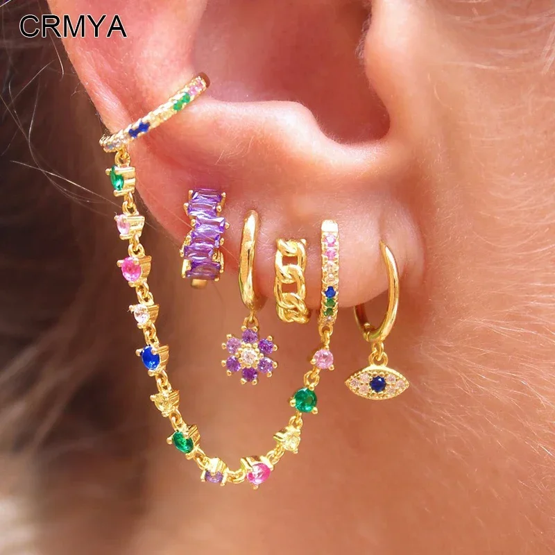 CRMYA-pendientes de aro de color dorado para mujer, aretes de cadena colgante, Piercing Vintage de Color CZ, conjunto de pendientes de circón,