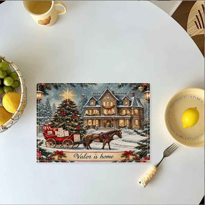 VIKAMA Linen Placemats Christmas Manor House Carriage, Brown Red, Stain Resistant Easy to Clean, Dining Table Holiday