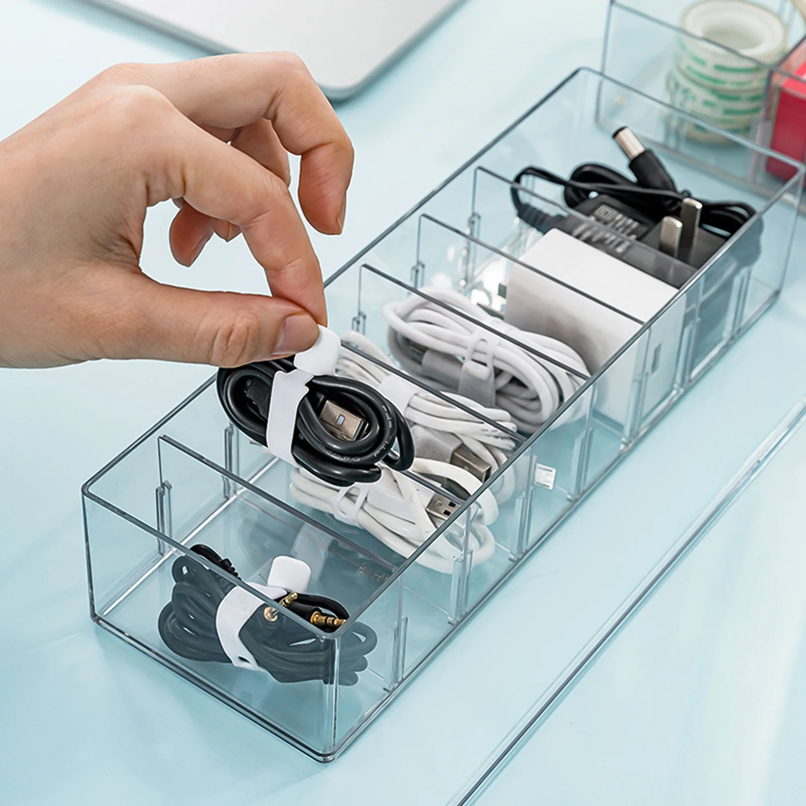 

1Set Data Cable Organizer Box Transparent Compartment Cable Storage for USB Cord Management Desktop Sundries Holder