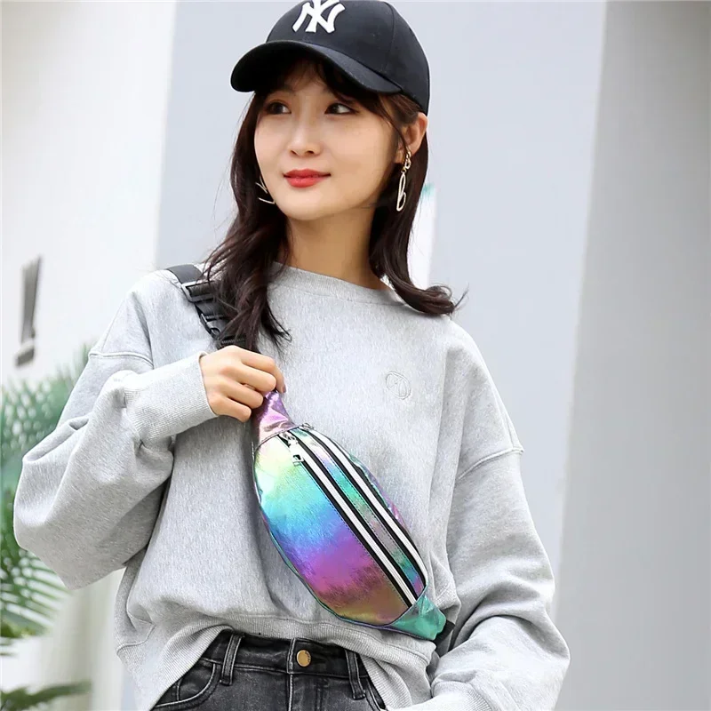 New Holographic Fanny Pack Hologram Waist Bag Laser PU Beach Travel Banana Hip Bum Zip Waist Bags Women Belt Bag for Girls