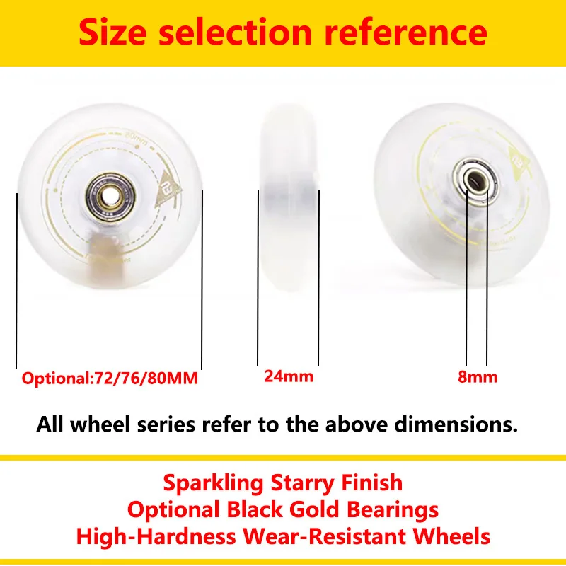 4 Pcs - 90A Gilded Roller Skate Wheels - Premium Transparent Polyurethane with Flint Brake, Wear-Resistant Solid Design