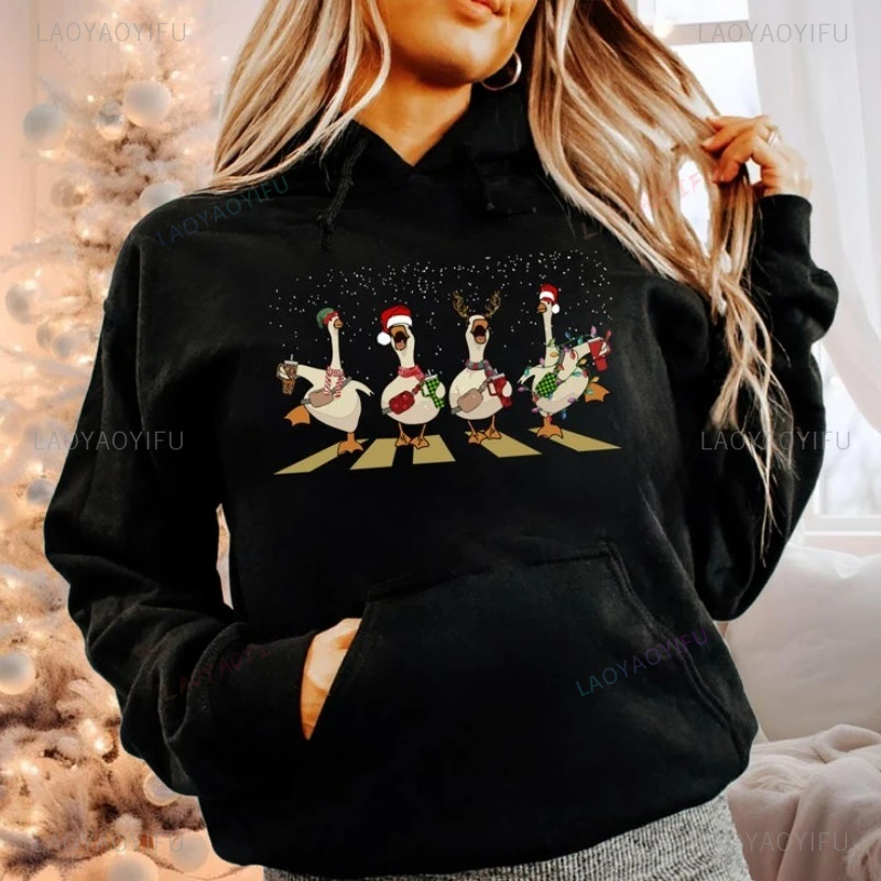 Felpa con cappuccio con cappello da Babbo Natale Cartoon Goose Divertente regalo di Natale Felpa pullover da donna Felpa da uomo Felpa natalizia Top