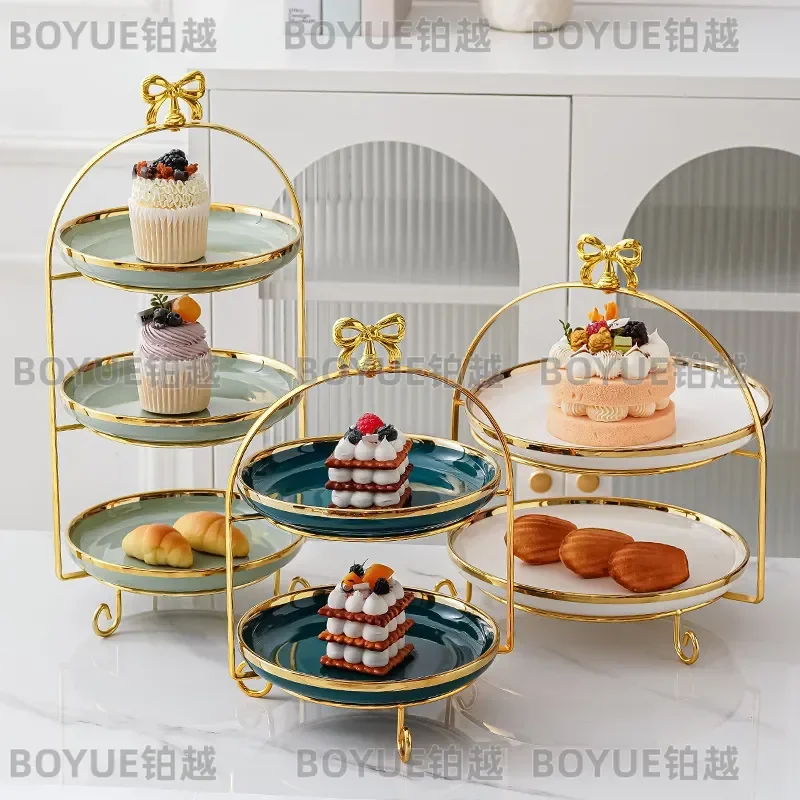 European Ceramic Three Tier Cake Stand Dessert Display Rack for Afternoon Tea Dim Sum Fruit Plate Elegant Serving Tray