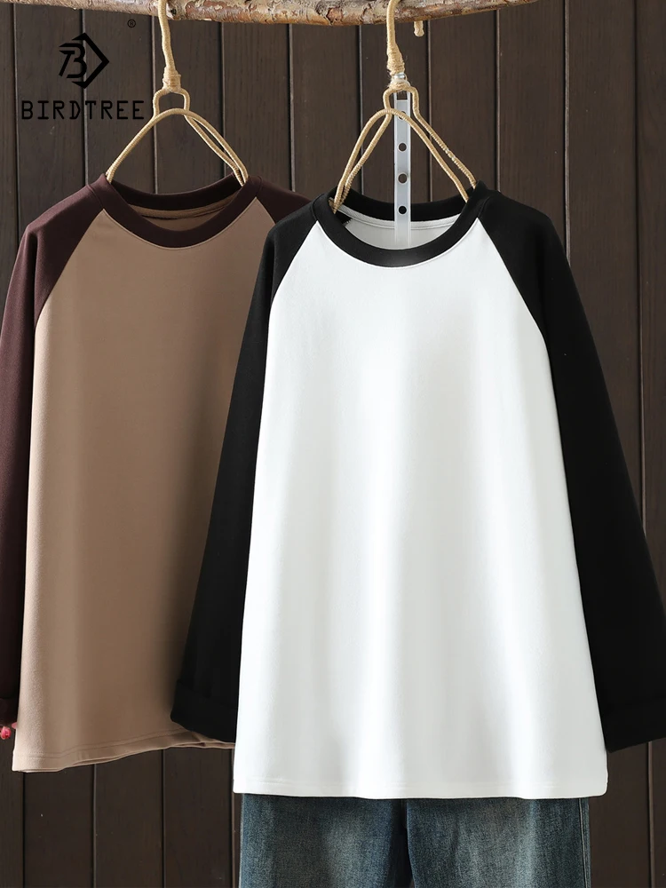 

New 2025 Autumn Cotton Long Sleeve Brushed T-Shirt, Women O Neck Patchwork, Mori Girl Basic Versatile Commute Warm Tee T5O0112CC