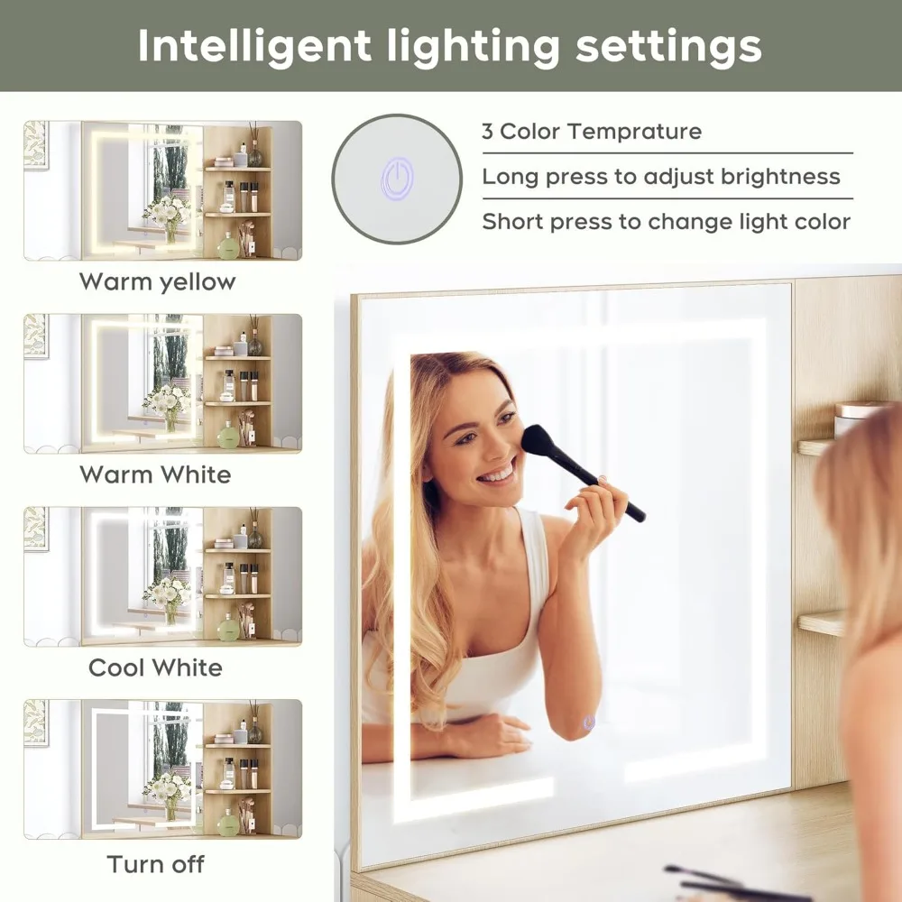 35" Boho Makeup Vanity Table with LED Lighted Mirror & Power Strip, Wooden Dressing Table Set with Rattan Drawers