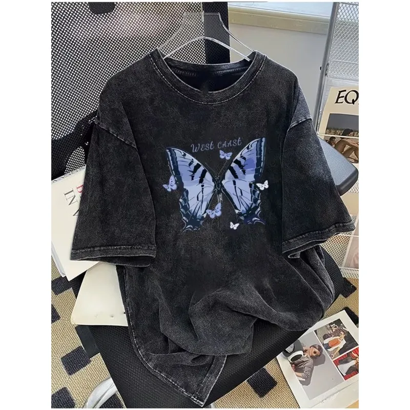 Summer Fashion Vintage West Coast Blue Butterfly Print T-Shirt Y2K Casual  Loose Fit Crew Neck Butterfly Tee for Men Women