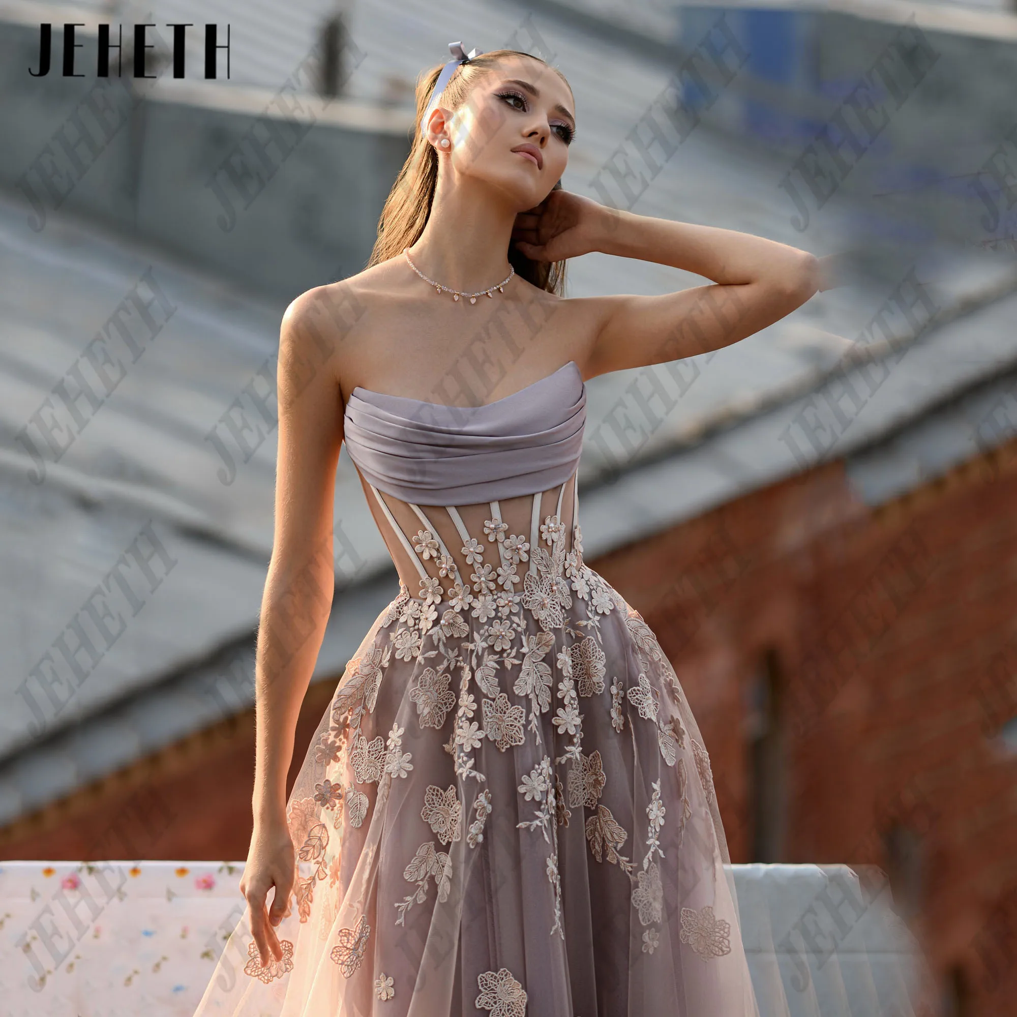 JEHETH Customized Strapless Prom Dresses For Women Applique Sleevelss Corset vestidos de gala Pastrol Party Gowns Tea Length