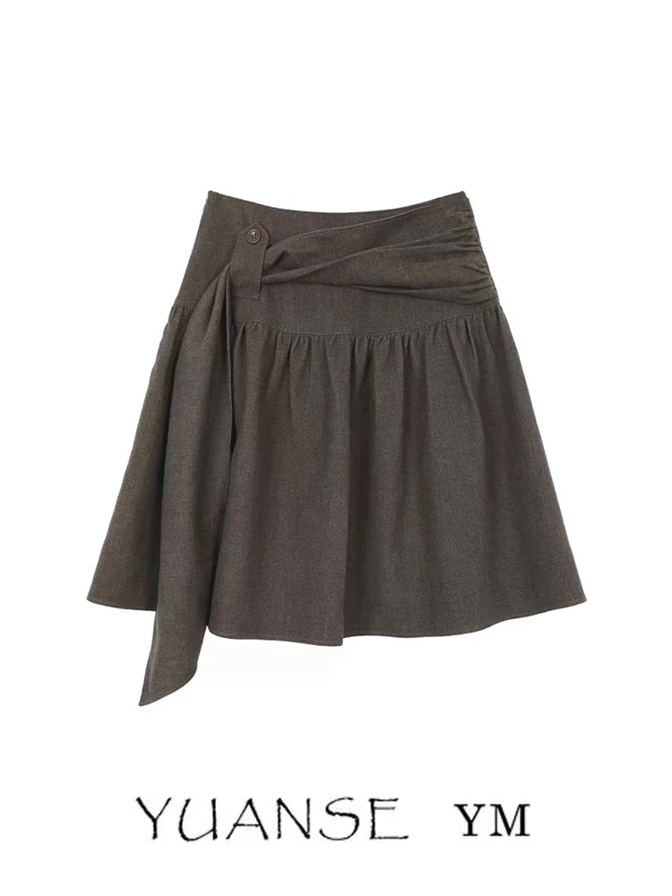 Stunning A-Line Midi Skirt Women's Autumn Winter Fashion High Waist Sash Coffee Color Beautiful Draping Casual Style Girls
