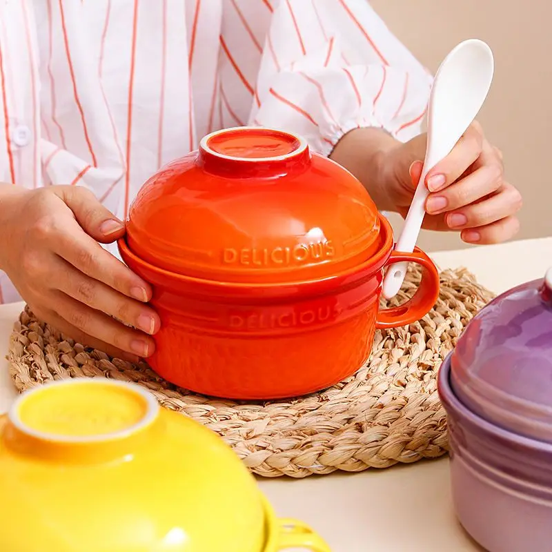 

French Rainbow Large Capacity Ceramic Instant Noodles Bowl Set Student Dormitory Instant Noodles Bowl Office Workers Cafeteria