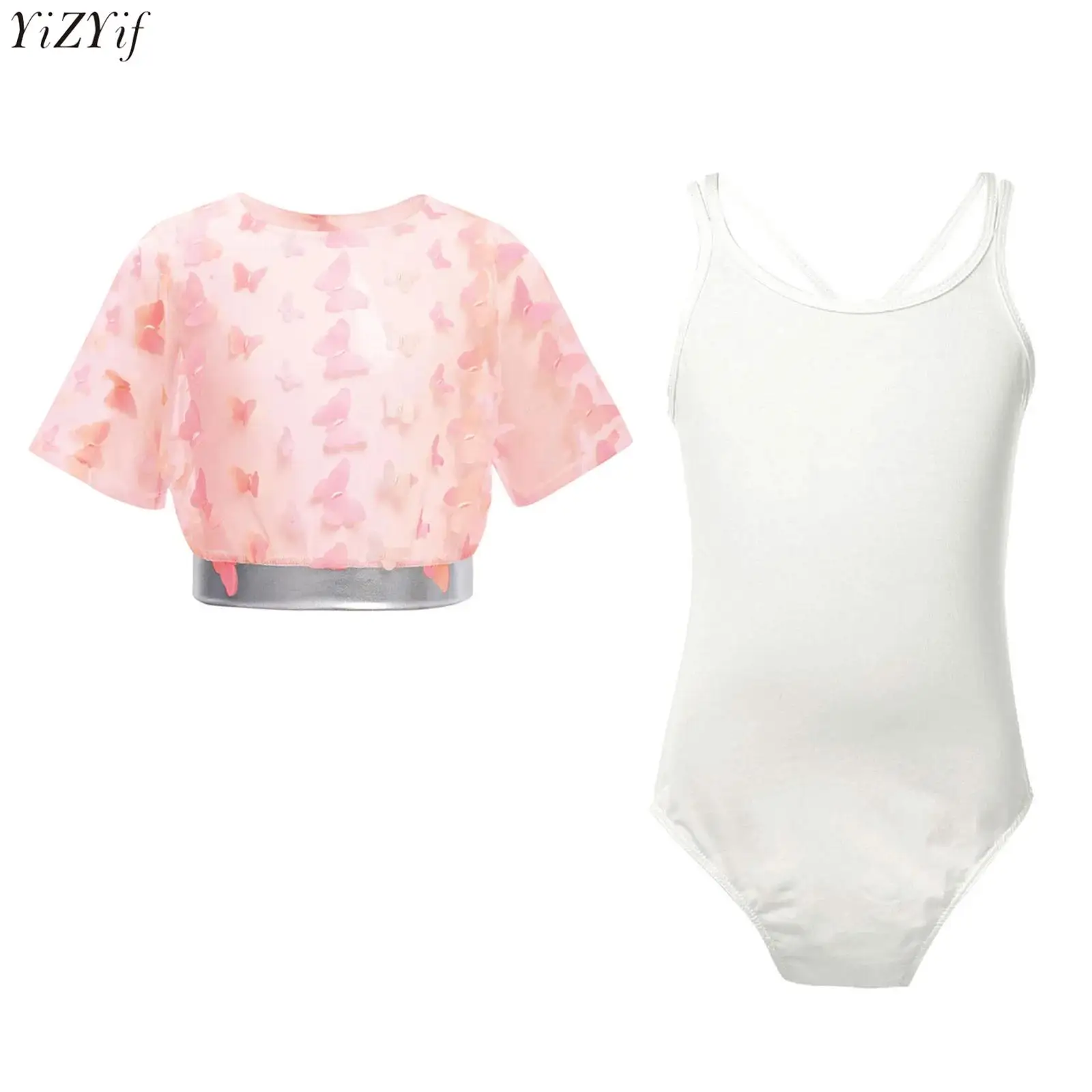 

Kids Girls Gymnastics Ballet Leotard Outfits Butterfly Sheer Mesh Short Sleeve Crop Top+Bodysuit Figure Skating Dance Costume