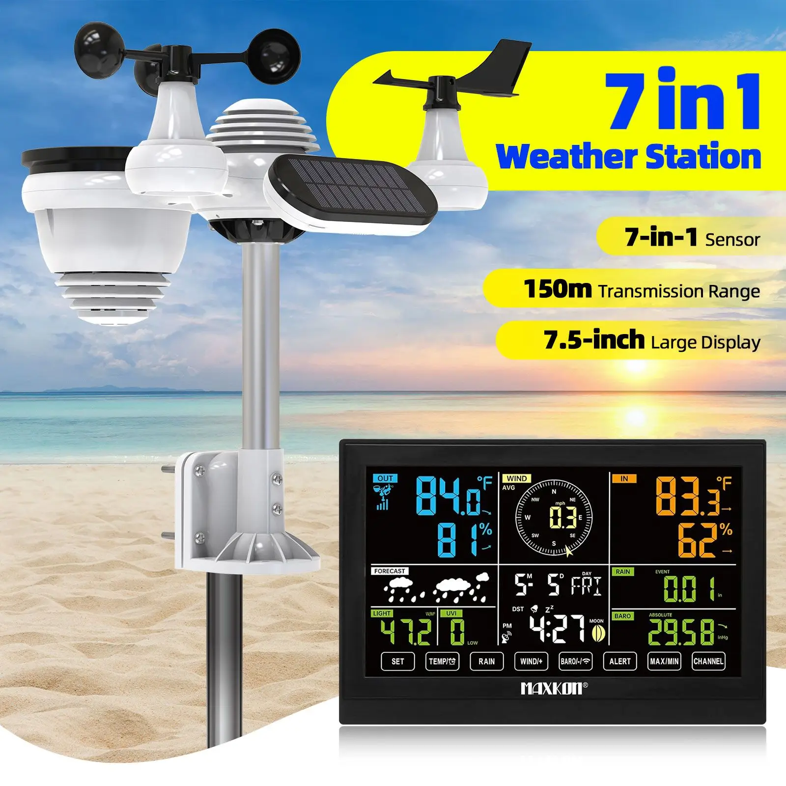Maxkon 7 in 1 Wireless Weather Station Home Indoor Outdoor Sensor Temperature Humidity Rainfall Barometer Forecast Monitor