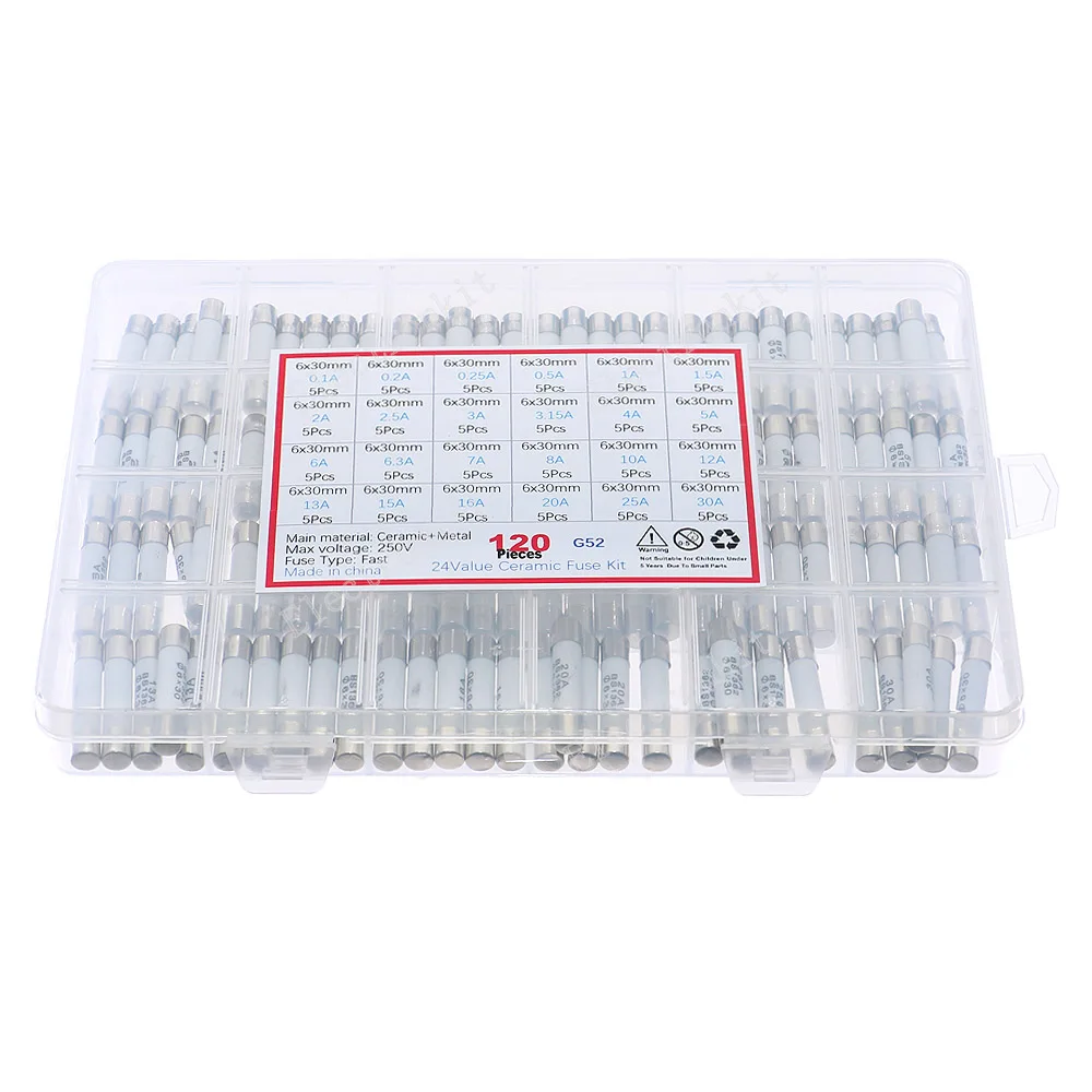 

Набор керамических предохранителей быстрого действия, 120 шт., 24 номинала, 6x30 мм, 250В, 0.1А-30А