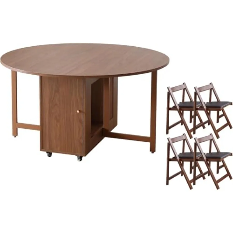 

Round Folding Dining Table with 4 Chairs, Walnut Finish, Metal Legs, Space Saving Extendable Drop Leaf with Storage Shelf for H