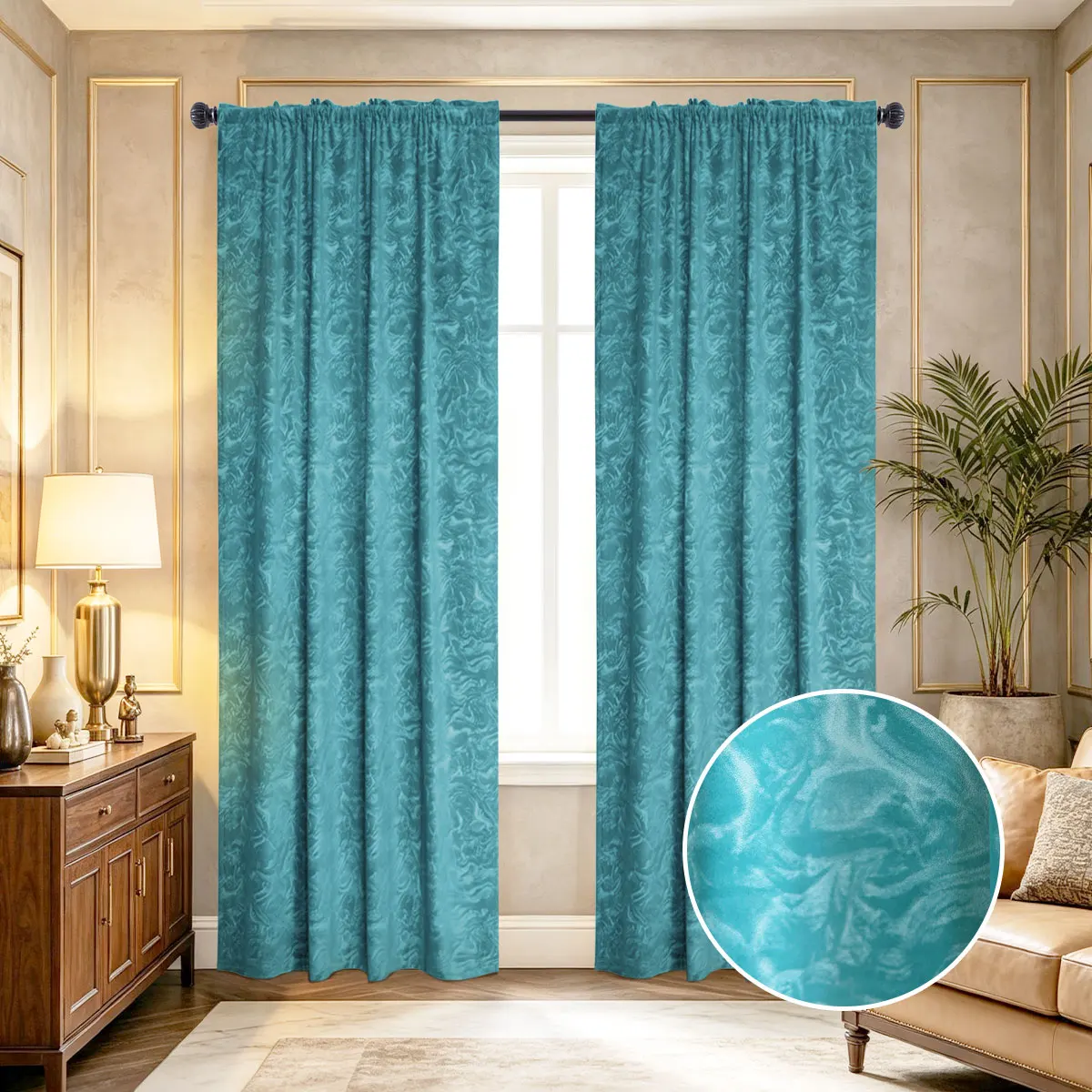 2Pcs Teal Blue Jacquard Curtains, Retro European Luxury Style, Rod‑Pocket Thick Blackout Drapes for Living Room Villa Home Decor