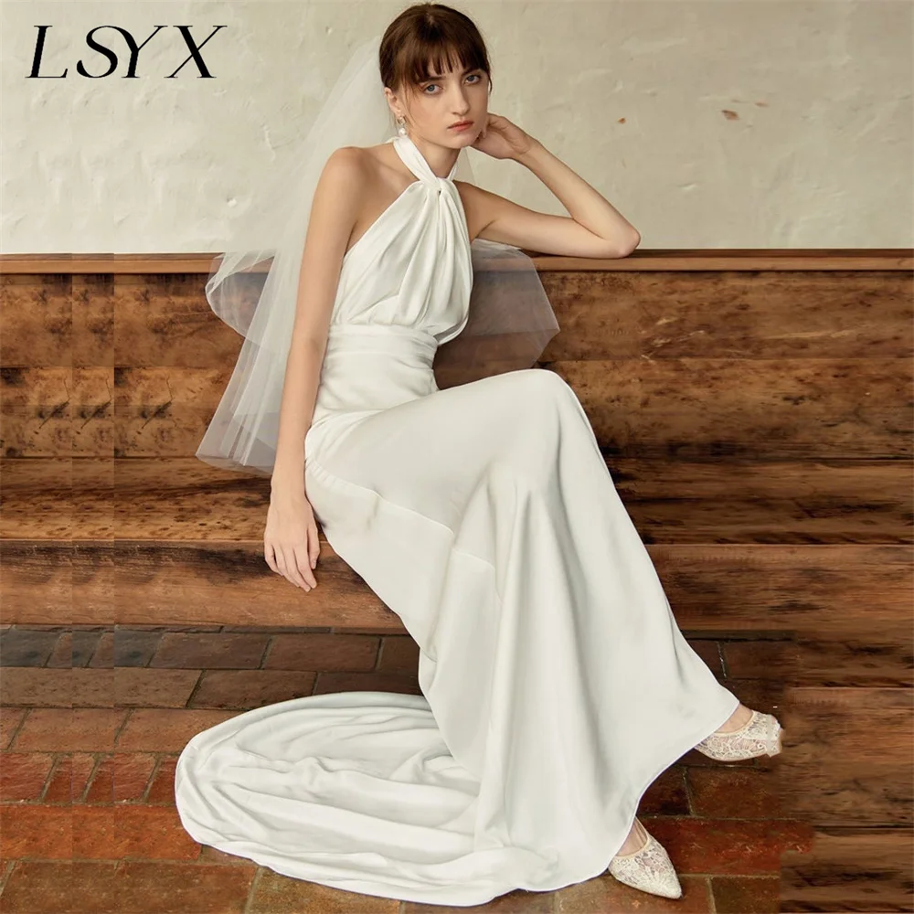 LSYX Customized Halter Sleeveless Elegant A Line Wedding Dress For Women Pleated Backless Court Train Bridal Gown Simple