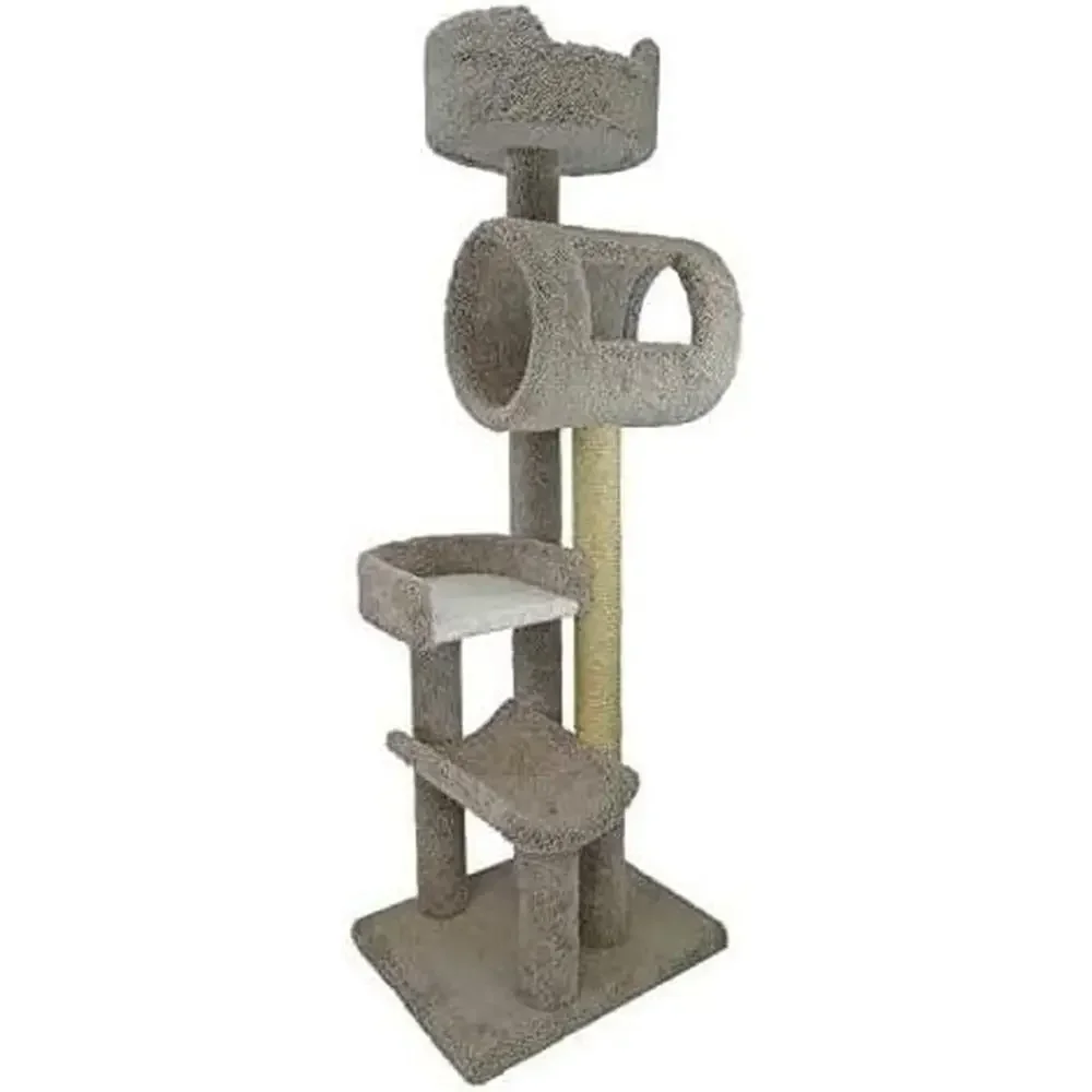 Large Cat Tower with Spacious Perches, Carpet-Covered and Sisal Rope Scratch Post for All Breeds, Neutral-Tone Multi-Level Cat T