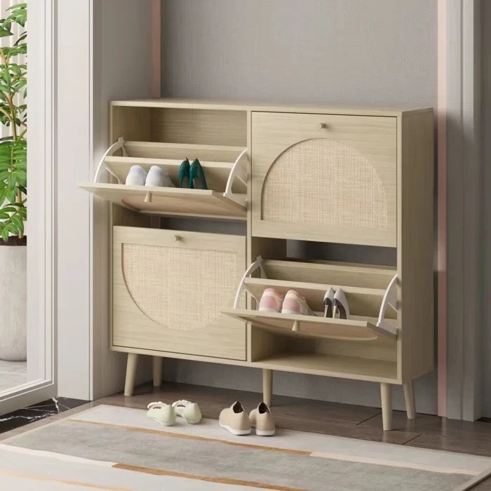 

Entryway Furniture Maple Wicker Rattan Shoe Organizer Rack with 4 Flip Cane Drawers Door 24 Pair Shoes Storage Cabinet