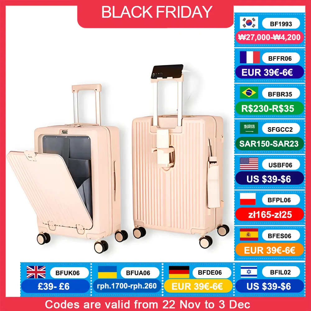 New Three Layer Composite PC Suitcase Carry On Rolling Luggage with USB Port Boarding Cabin Cup Phone Holder 20 22 24 26 Inch