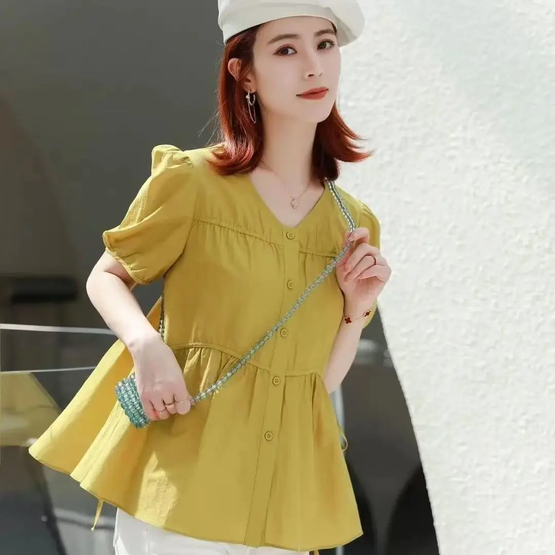 2025 Summer Korean Style V-neck Long-sleeved Button Waist-refreshing Slim-fitting Short-sleeved Shirt Tops for Elegant Women