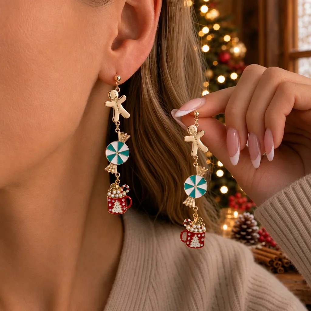 Christmas Dangle Earrings Xmas Tree Gingerbread Man Bell Star Long Drop Ear Hook Holiday Party Decor Jewelry for Women