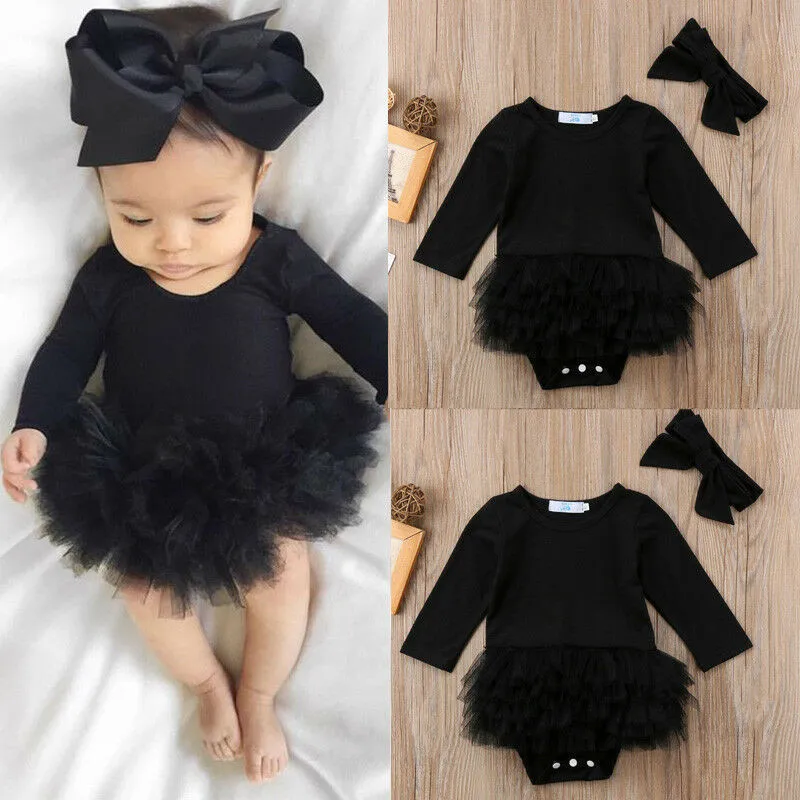 0-24months Baby Girls Long Sleeve Romper Casual Round Neck Infant Girls Princess Bodysuit With Bow Headband