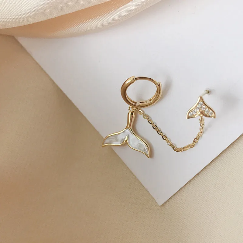 LIVVY Gold Color Creative Fishtail Zircon Double Ear Piercing Earrings For Woman Luxury Fashion Jewelry Accessories