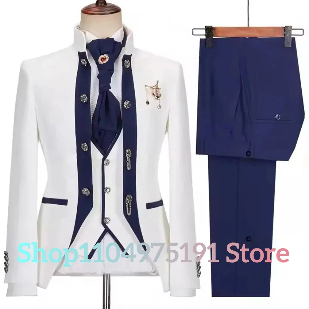 Temperament 3-piece Men's Suit Wedding Groom Tuxedo (Blazer+Vest+Pants) Elegant Men's Stage Costume Special Occasion Gowns
