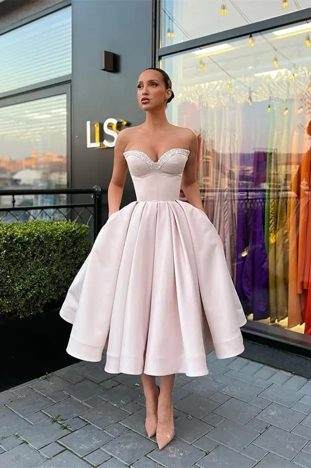 Sem alças rosa frisado Prom Dresses, uma linha com bolsos, Tea Length, praia festa formal, formatura vestidos de noite, querida, simples