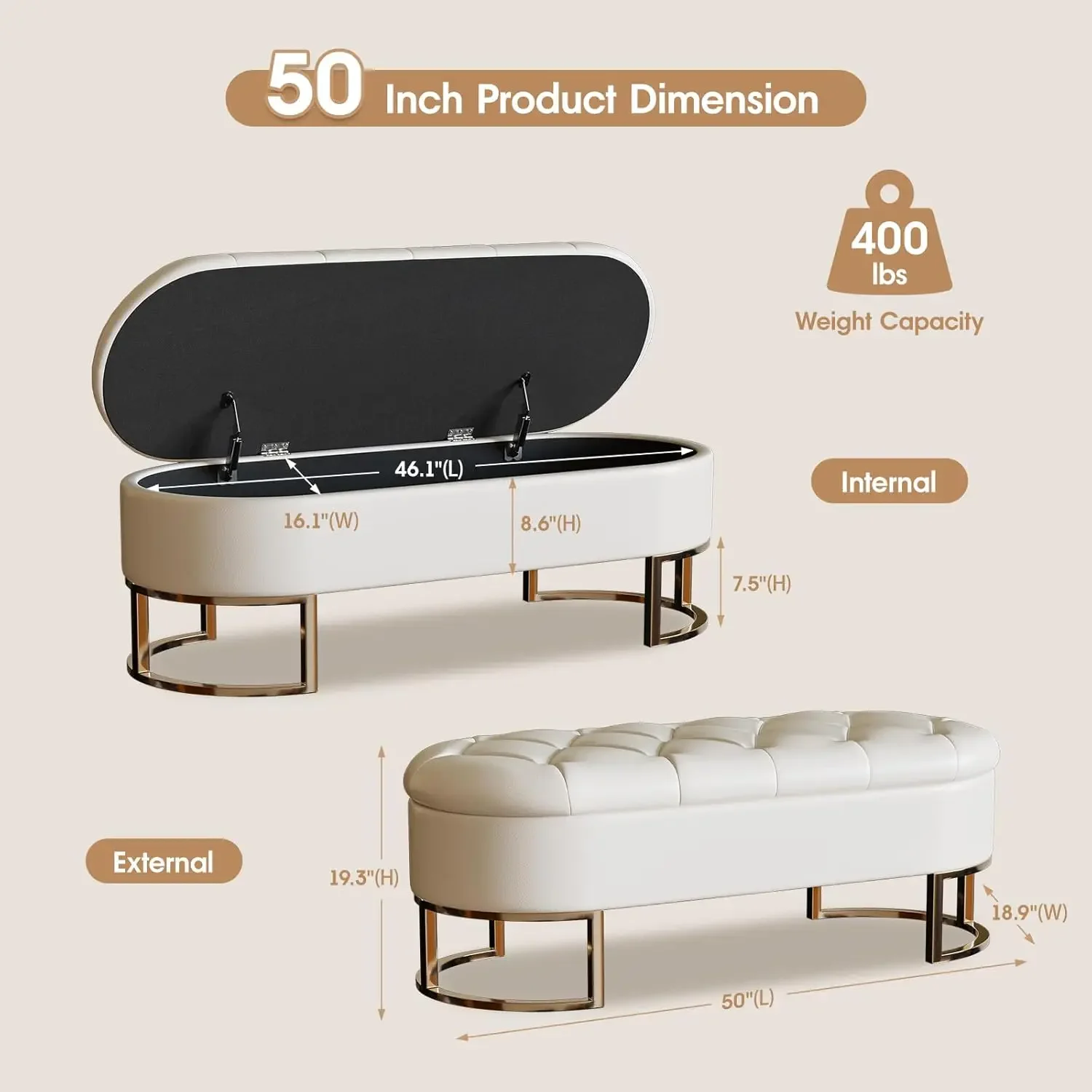 Storage Bench Upholstered Leather Long Stool with Metal Legs Modern Storage Bench for Living Room